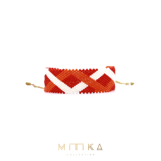 Pulsera Miyuki grande rojo lineas cruzadas, blanco y naranja